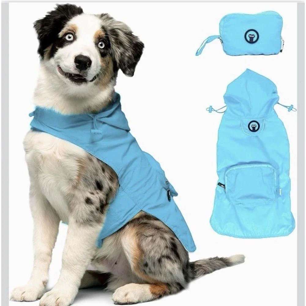 Fabdog lt. blue Packable Nylon hooded Leash hole Waterproof Raincoat Size Medium